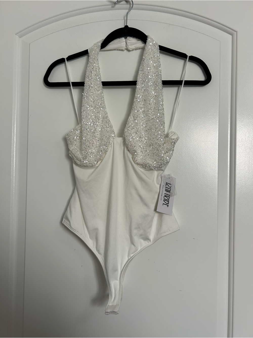 12th Tribe White Sequin Halter Bodysuit NWT Size XL Chic Party Bachelorette 90s